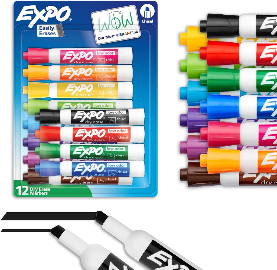 EXPO Dry Erase Markers, Low Odor Ink, Assorted Colors, Chisel Tip, 12 Count