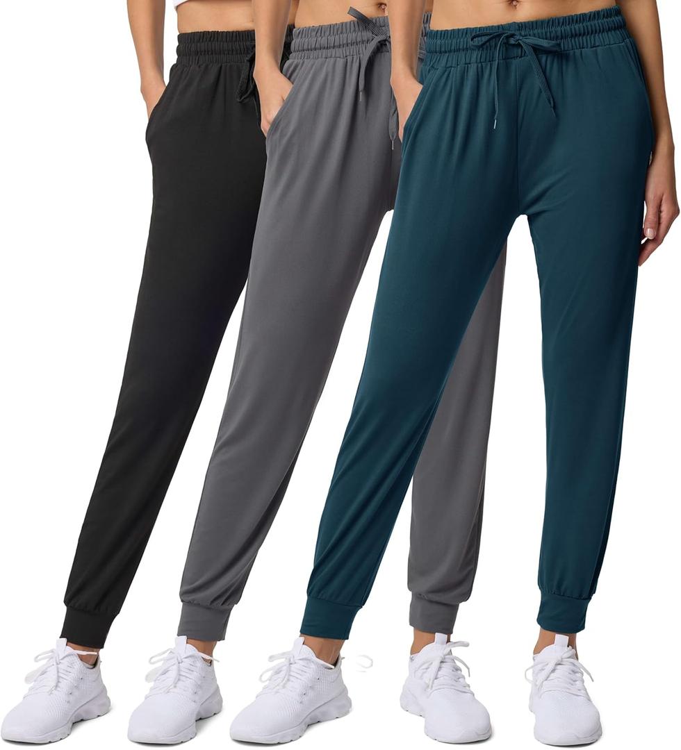 Real Essentials 3 Pack: Women's Lounge Joggers Sweatpants with Pockets Yoga Running Athletic Workout (Large)