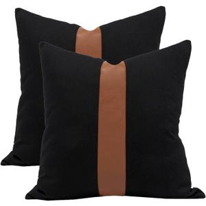 Set of 2 Black Decorative Throw Pillow Cover 24x24 Square Cushion Covers Farmhouse Rustic Pillow Case Modern Leather Pillow Cover for Sofa Couch Chair Bedroom Boho Decor