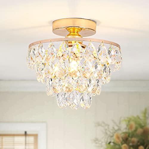 Luupyia Gold Crystal Chandelier Small, Mini Ceiling Light Modern Flush Mount Crystal Chandelier Hallway Overhead Light Fixtures Ceiling for Hallway Bedroom Hall Living Room E26
