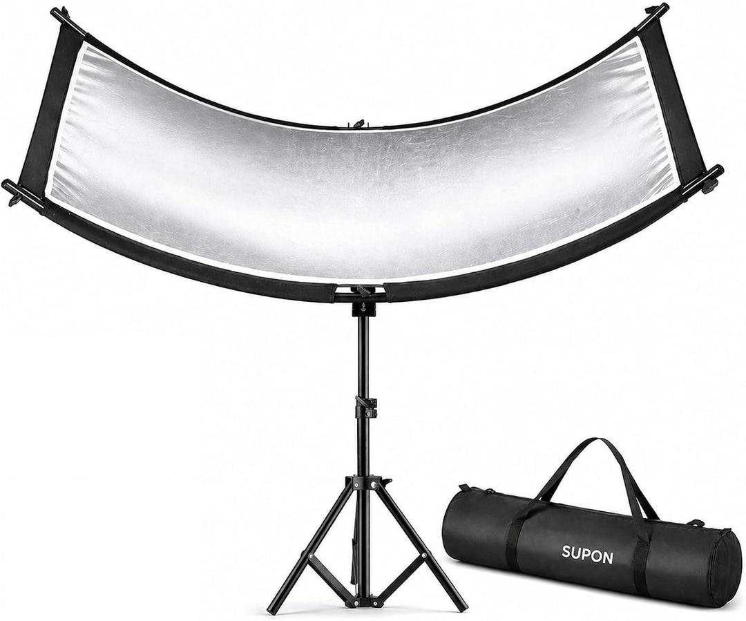 Curved Reflector, 71x24 Clamshell Light Reflector Kit with 4-in-1 Fabric (Silver/Gold/White/Black) & 28" Desktop Light Stand, Storage Bag, U-Shape Arclight for Portrait, Studio Photography