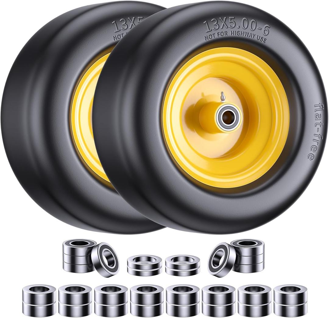 2025 Upgraded Version 13x5.00-6 Heavy-Duty Flat-Free Lawn Mower Tires - Solid Rubber, 550 lbs Capacity, Multi-Size Bearings (3/4"/1/2"/5/8") for Zero-Turn Mowers, Tractors, Garden Carts, 2-Pack