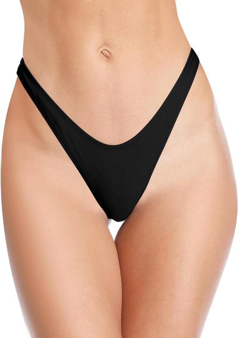 SHEKINI Women's Thong Bikini Bottom High Cut V Cheeky Brazilian Swimsuit Bottom (Manhattan Black), S