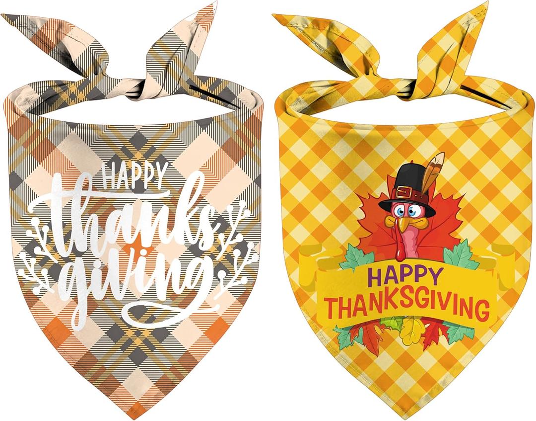 Thanksgiving Dog Bandanas, Fall Plaid and Turkey Reversible Triangle Bibs Scarfs Autumn Holiday Puppy Pet Kerchief 2 Pack (Thanksgiving-02)