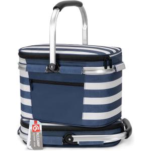 ALLCAMP Insulated Picnic Baskets Shoping Basket Cooler Bag Collapsible Portable Picnic Basket (Blue White Stripe)