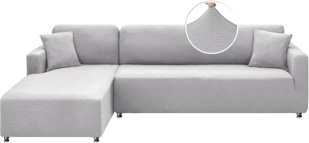 XINEAGE Sectional Couch Cover High Stretch L Shaped Sofa Cover 2 Pieces Non Slip Slipcover with Chaise Furniture Protector with 2 Pillowcases for Pets & Dogs (3 Seat Sofa + 3 Seat Chaise, Silver Gray)