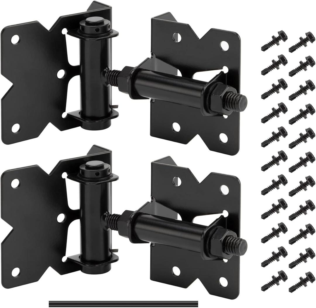 2 Pack Self Closing Gate Hinges for Wooden Fences Heavy Duty Solid Vinyl Fence Gate Closer Hinges with 22 Screws Swing Adjuster Tool 90 Degree Tension Gate Hardware Kit Black Finish