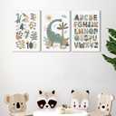 ZLXARTLA Dinosaur Alphabet Numbers Canvas Wall Art Kids Reading Room Wall Decor Pictures Nursery Prints Game Room Painting Artwork for Kids Room Playroom Classroom Reading Nook 12x16in