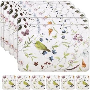 Placemats for Dining Table Set of 6, Flowers Leather Placemats and Coasters, Environmental Table Mats Wipeable Easy Clean for Kitchen Dinner Party, Placemat 6pcs(17x12 inches) with Coasters 6pcs