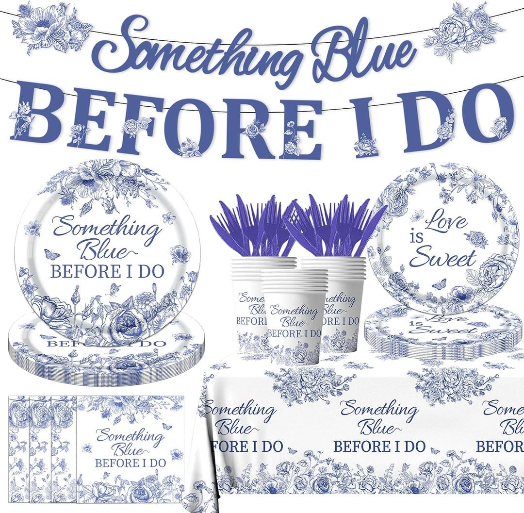142PCS Something Blue Before I Do Bridal Shower Decorations Bridal Shower Party Favors for 20 Guests Blue Floral Plates and Napkins Tableware Set for Wedding Engagement