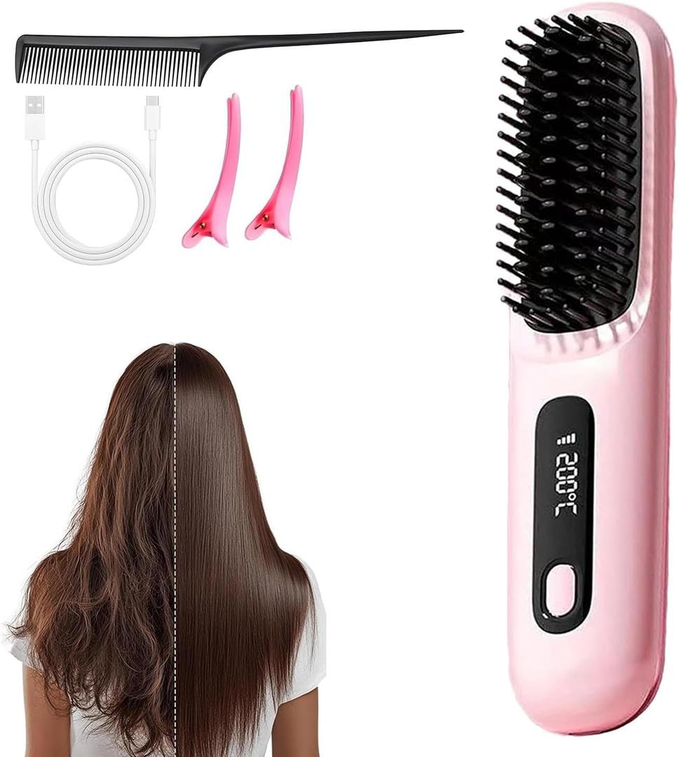 Go Brush Pro 2025,Cordless Hair Straightener Brush,Gobrush Pro 2025 Straightening Comb,Portable Hair Brush for Travel,Fast Heating Smooth & Shiny Hairs with Temperature Display Pink