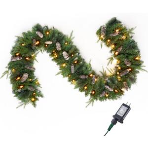 Joiedomi 9FT Christmas Flocked Garland (Cone) Pre Lit with 50 Count Warm White String Lights for Winter Christmas and Holidays, Decorated with Pine Cones, Plug in Lighted Pine Garland, Xmas Collection