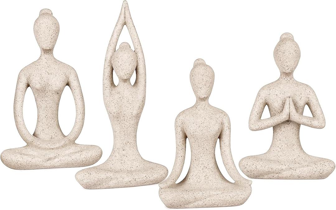OwMell Lot of 4 Meditation Yoga Pose Statue Figurine Ceramic Yoga Figure Set Decor - Stone
