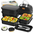Adults Bento Box with Insulated Lunch Bag, 74oz Capacity 3 Stackable LeakProof Bento Box BuiltIn Utensil and Sauce, PFAS & BPAFree, Microwave & Dishwasher Safe (Astral Black)