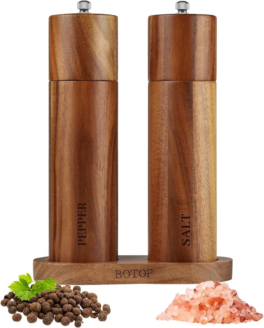 2 Pack Acacia Wood Salt and Pepper Grinder Set with Bases, Refillable Salt and Pepper Mills Adjustable Coarseness, 8 Inches Kitchen Ceramic Core Peppercorn Shaker