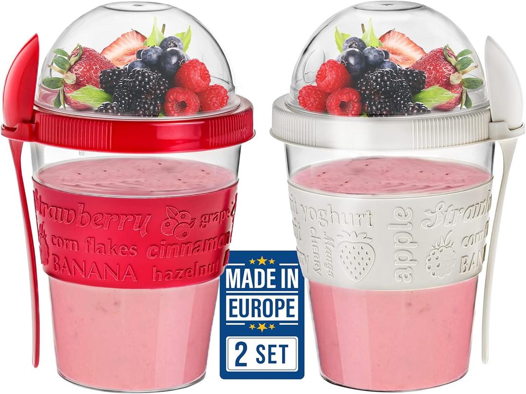 Yogurt Parfait Cups for Breakfast, Oatmeal or Fruit Container, Snack Bowl and Spoon for Lunch Box, Portable & Reusable, 2 PCs (Red & Cream)