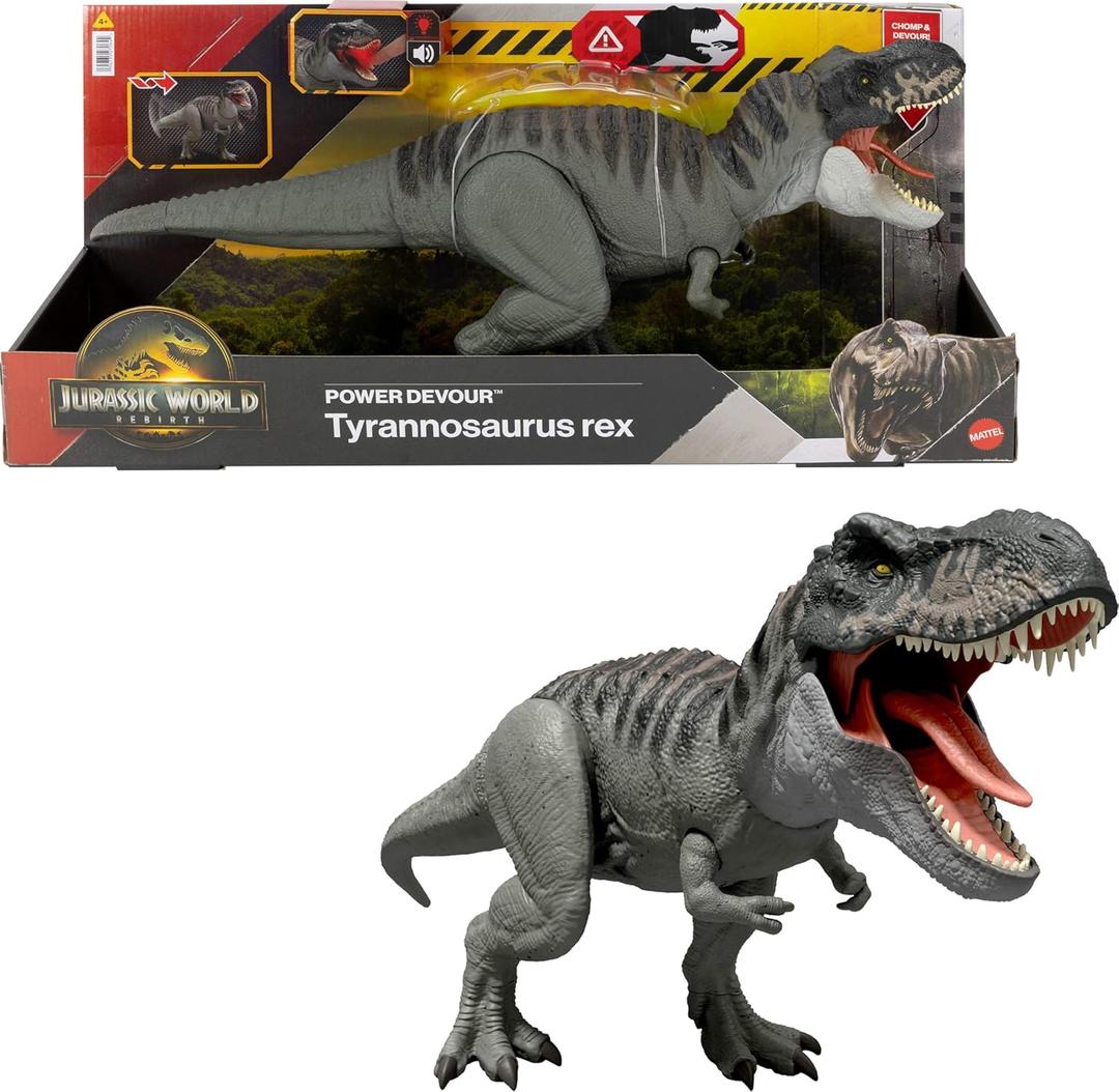 Mattel Jurassic World Rebirth Power Devour Tyrannosaurus Rex Dinosaur Figure with Tongue Activated Constant Chomp, Lights & Sounds, Digital Play