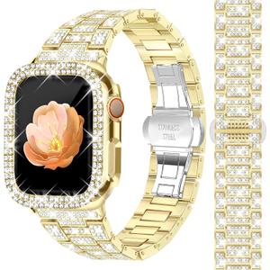 Newlibery Full Bling Watch Bands with Bling Case for Women Compatible with Apple Watch Band 41mm Elegant Dressy Jewelry Replacement Metal Link Wristband Protector Cover for iWatch Series 9/8/7 Gold
