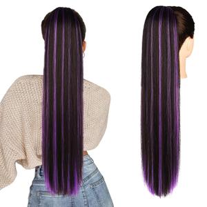 SEIKEA Ponytail Extensions Drawstring Long Straight Fake Pony Tail Natural Soft Clip in Hair Extension Synthetic Heat Resistant Hairpiece 28 Inch Black Brown with Purple Highlights (28 Inch 155G (Pack of 1))