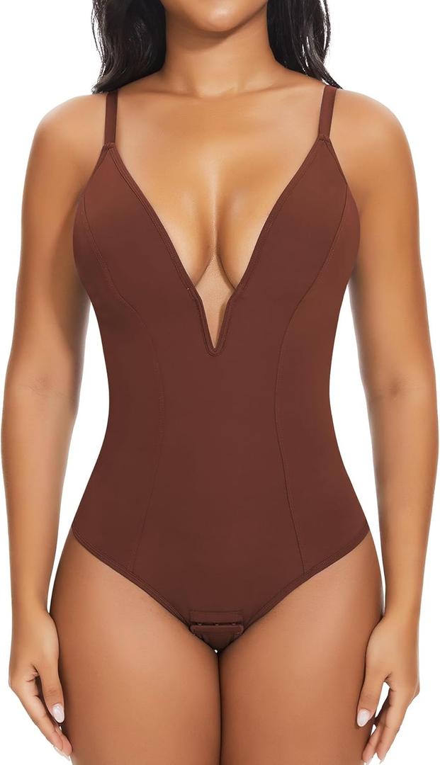 SHAPERIN Women's Deep V Neck Bodysuit Double Lined Plunge Tummy Control Shapewear Thong Body Suits Backless Cami Tank (Large, Brown)
