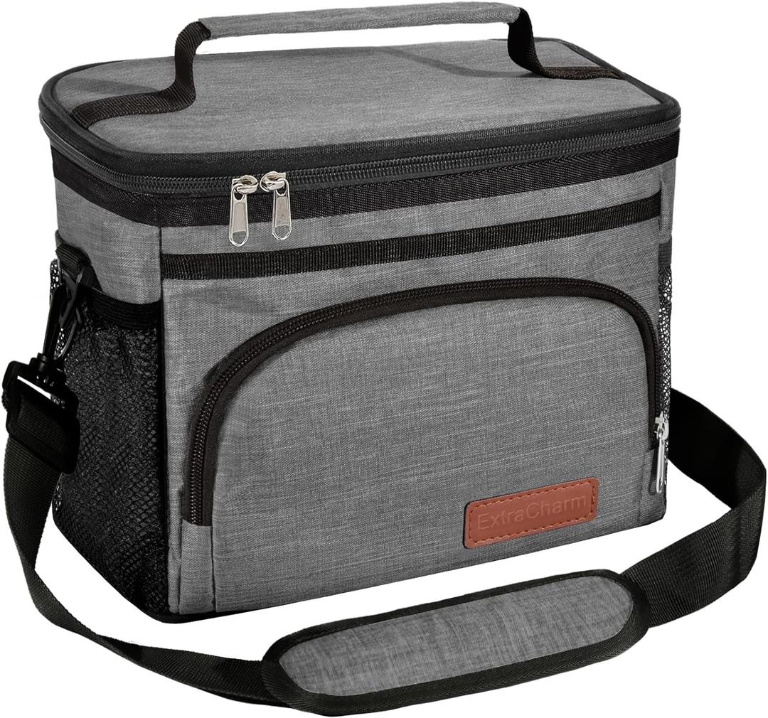 ExtraCharm Insulated Lunch Bag for Women/Men - Reusable Lunch Box for Office Picnic Hiking Beach - Leakproof Cooler Tote Bag Organizer with Adjustable Shoulder Strap for Adults - Grey
