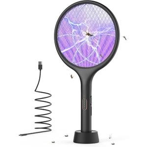 YISSVIC Electric Fly Swatter 4000V Bug Zapper Racket Dual Modes Mosquito Killer with Purple Mosquito Light Rechargeable for Indoor Home Office Backyard Patio Camping (Black-1 Pack)