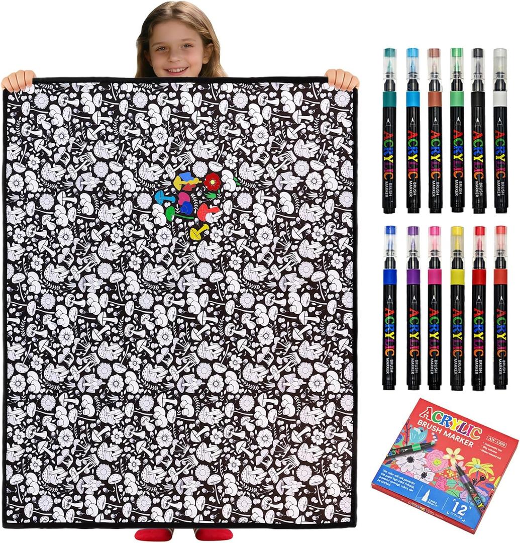 DIY Coloring Blanket with12 Markers Kit， Washable & Color Your Own Blanket with Cozy Velvet Back，Suitable for All Ages，Fun Creative Set for Everyday Use & Home Decor (Mushrooms)