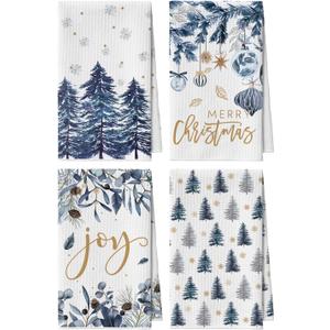 Artoid Mode Blue Xmas Tree Pinecone Christmas Bar Kitchen Towels, 12x24 Inch Quick Dry Microfiber Cloth Dish Towels for Kitchen Drying Set of 4