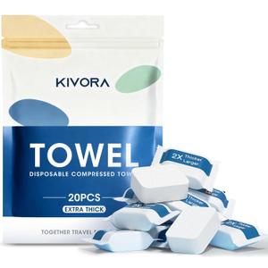 KIVORA Extra Thick Compressed Towel Tablets  Disposable Face Towels & Washcloths for Travel, Camping & Outdoor Use, 20 Pack Super Absorbent Cotton Towels for Emergency & Everyday Care