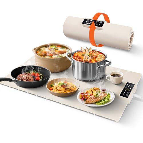 Chafing Dishes Food Warming Mat Electric Silicone Heating Pad with Adjustable Temperature Control Portable Heat-Resistant Mat for Dining Tables Parties Buffets (White)