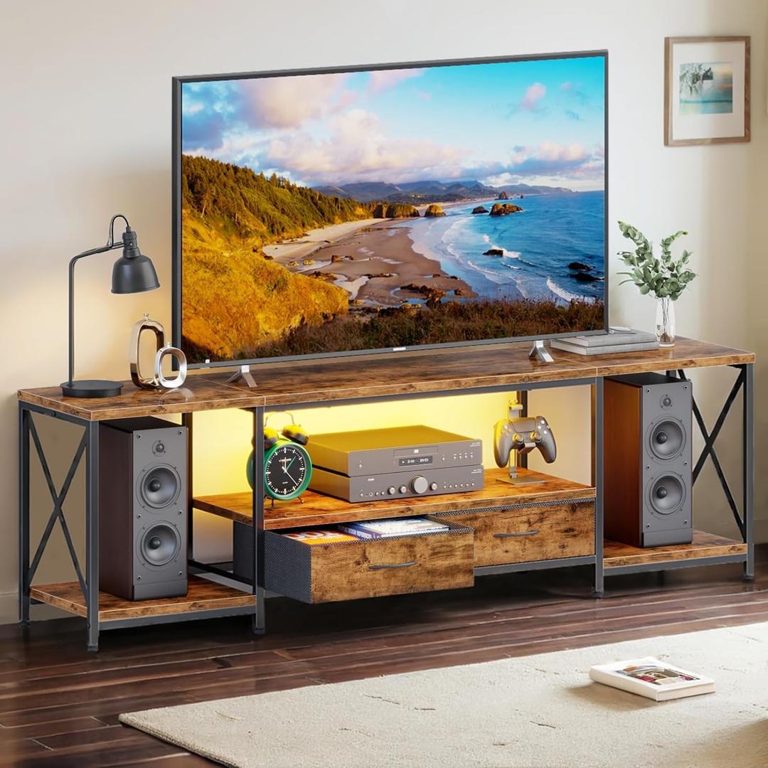 Television Stands for 80 Inches TV with Fabric Drawers, LED TV Console Table with Storage Shelves for Living Room, Bedroom, Entertainment Center 71" Rustic Brown