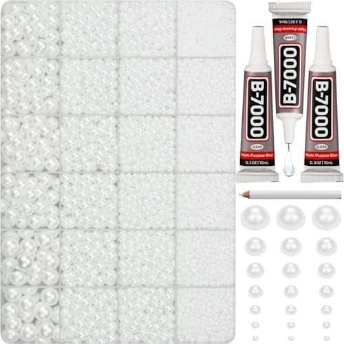 16000Pcs Flatback Pearls for Crafting, White Flat Back Assorted Sizes 2/ 3/ 4/ 5/ 6/ 8/ 10mm Half Pearl Beads Bedazzling for Crafts Clothing Tumbler Shoes Wedding Gown Nails with B7000 Jewelry Making Glue