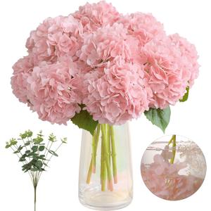 Tifuly Fake Hydrangea Artificial Flowers with Vase 4pcs Real Touch Faux Hydrangea with 3pcs Eucalyptus Stems for Wedding Centerpiece Home Party Table DecorationPink