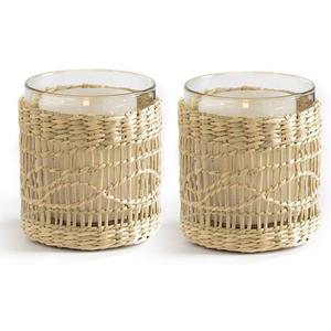 Natural Rattan Wicker Woven Votives Candle Holder Tea Light Candle Holders Set of 2 - Handcraft Rustic Boho Bohemian Seagrass Glass Votive Candle Holders for Summer Fall Dining Table Kitchen Dcor