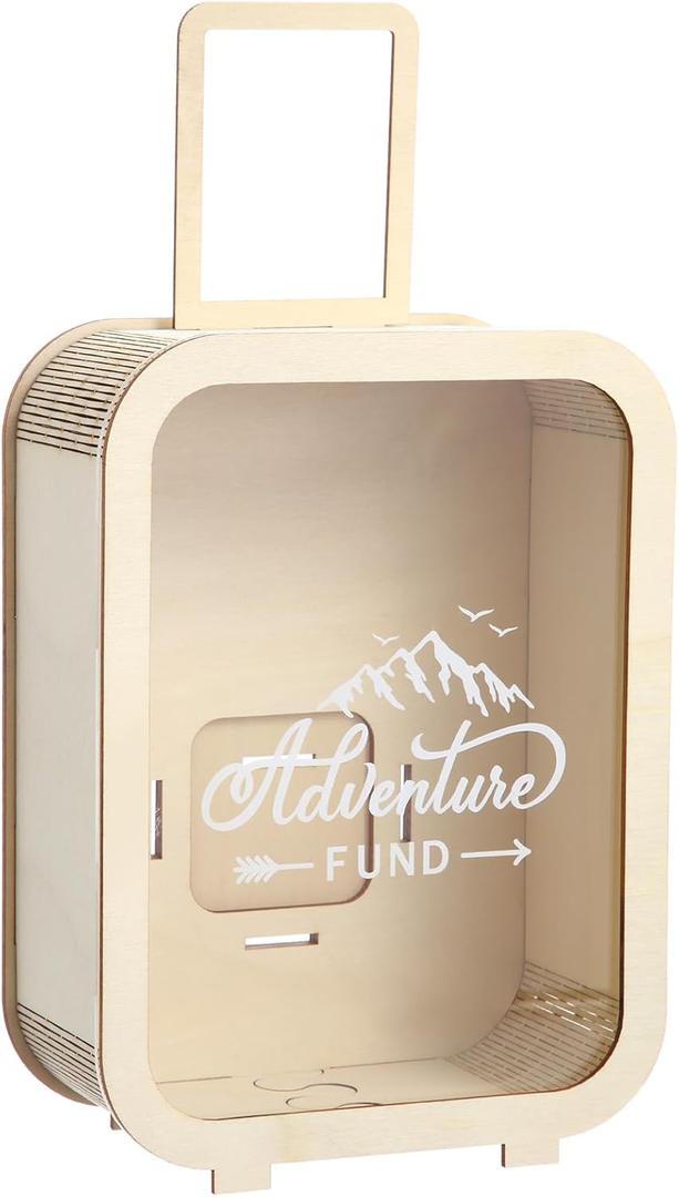 Vesici Adventure Fund Money Box Wooden Vacation Decorative Savings Box Suitcase Wood Adventure Travel Money Coin Bank Case Gift for Adults Wedding Reception, Birthday, Bridal Showers