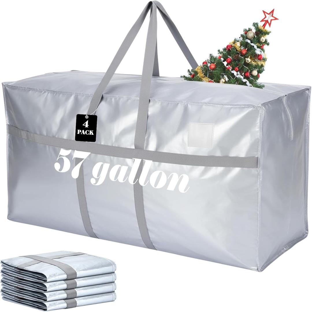 Windyun 4 Pack 57 Gallon Extra Large Storage Bags XXL Moving Bags with Zipper Handles Heavy Duty Jumbo Big Tote Box for Christmas Tree Storage 4, 5, 7.5, 9, 10, 12 ft Skeleton College Dorm(Silver)