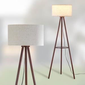 Wood Tripod Floor Lamp for Living Room, 3 Color Temparature LED Bulb Included, Mid Century Modern Wooden Shelf Floor lamp with Linen Shade for Bedroom, Office, Walnut Wood Color (FSC Dark Brown Wood and Linen Shade)