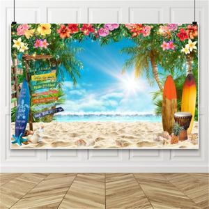 Hawaiian Summer Beach Photo Backdrop Blue Sky Sunshine Tropical Flowers Photoshoot Backdrop Surfboard Party Background for Luau Party Aloha Birthday Wedding Ocean Party Decor 8x6ft