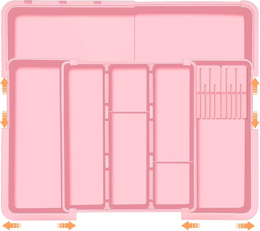 Utensil Drawer Organizer for Kitchen, Expandable Silverware Organizer Cooking Utensils Tray, Large Cutlery and Flatware Holder, Kitchen Tools & Gadgets Storage (Pink)