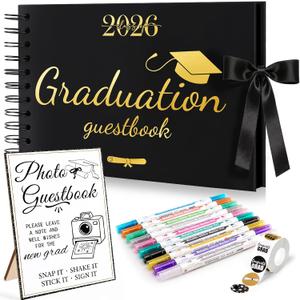 13 Pcs 2026 Graduation Guest Book Set, 30 Pages Scrapbook Photo Album with Photo Sign, 10 Dual Tip Metallic Markers Pens and DIY Matching Stickers for Grad Party Decorations Favors