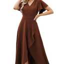 Formal Dresses for Women,Gowns Evening Party Cocktail Dress,Long Split Elegant V Neck Wrap Ruffle Wedding Guest A-line Dresses Deep Coffee Brown-S