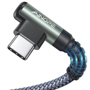 AINOPE USB C Cable [2-Pack, 6.6ft] 3.1A Type C Charger Fast Charging, Right Angle USB to USB C Cable Braided USBC Charger for Galaxy S10+ S10 S9, Note 10 9, LG V30, Moto, iPhone 16 15 Cord Type C (6.6FT+6.6FT, Grey)