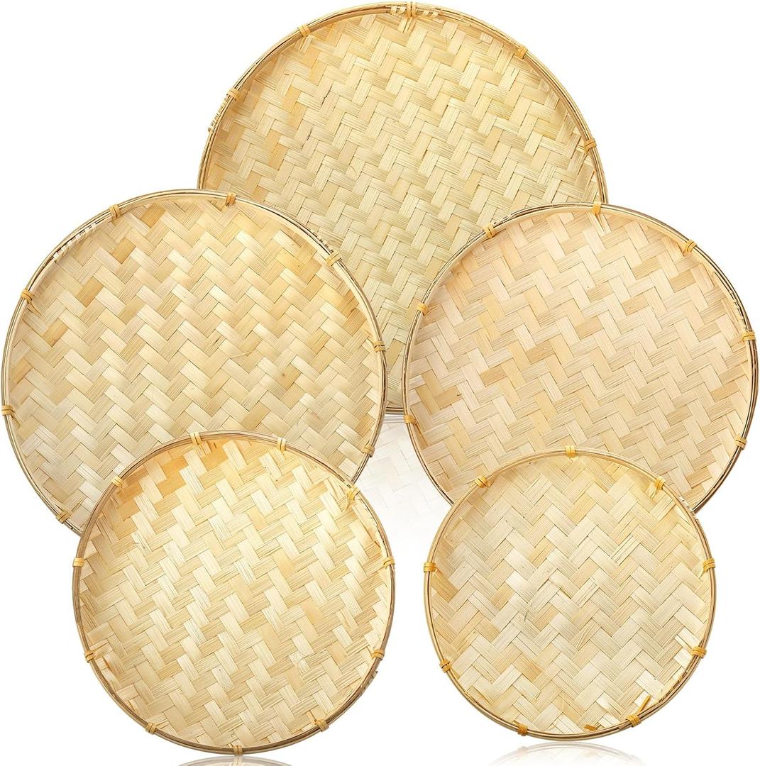 Goaste 5 Pack Round Bamboo Serving Trays, Decorative Flat Wicker Baskets, Handwoven Shallow Wicker Organizers for Food Storage, Fruit, Snacks, Kids DIY Drawing, Wall Hanging Decoration