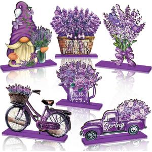Bememo 6 Pcs Spring Table Decorations Wooden Lavender Tiered Tray Decor Rustic Purple Block Sign Table Centerpieces Farmhouse Freestanding Tabletop for Home Restaurant Kitchen Shelves Party Decor