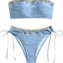 ZAFUL Women Strapless Bandeau Bikini Shell 2 Piece Swimwear Cheeky Solid Lace up Pom Bathing Suits (Medium, 4-1blue)