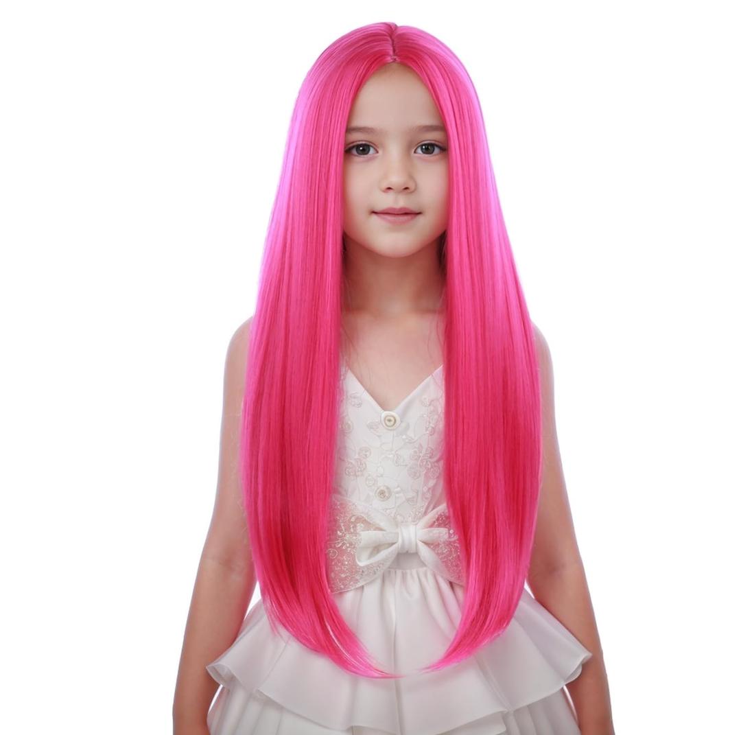 Child Hot Pink Wig Girls Long Bright Pink Straight Wig Kids Long Kolight Pink Middle Part Wigs Heat Resistant Synthetic Wigs with Cap