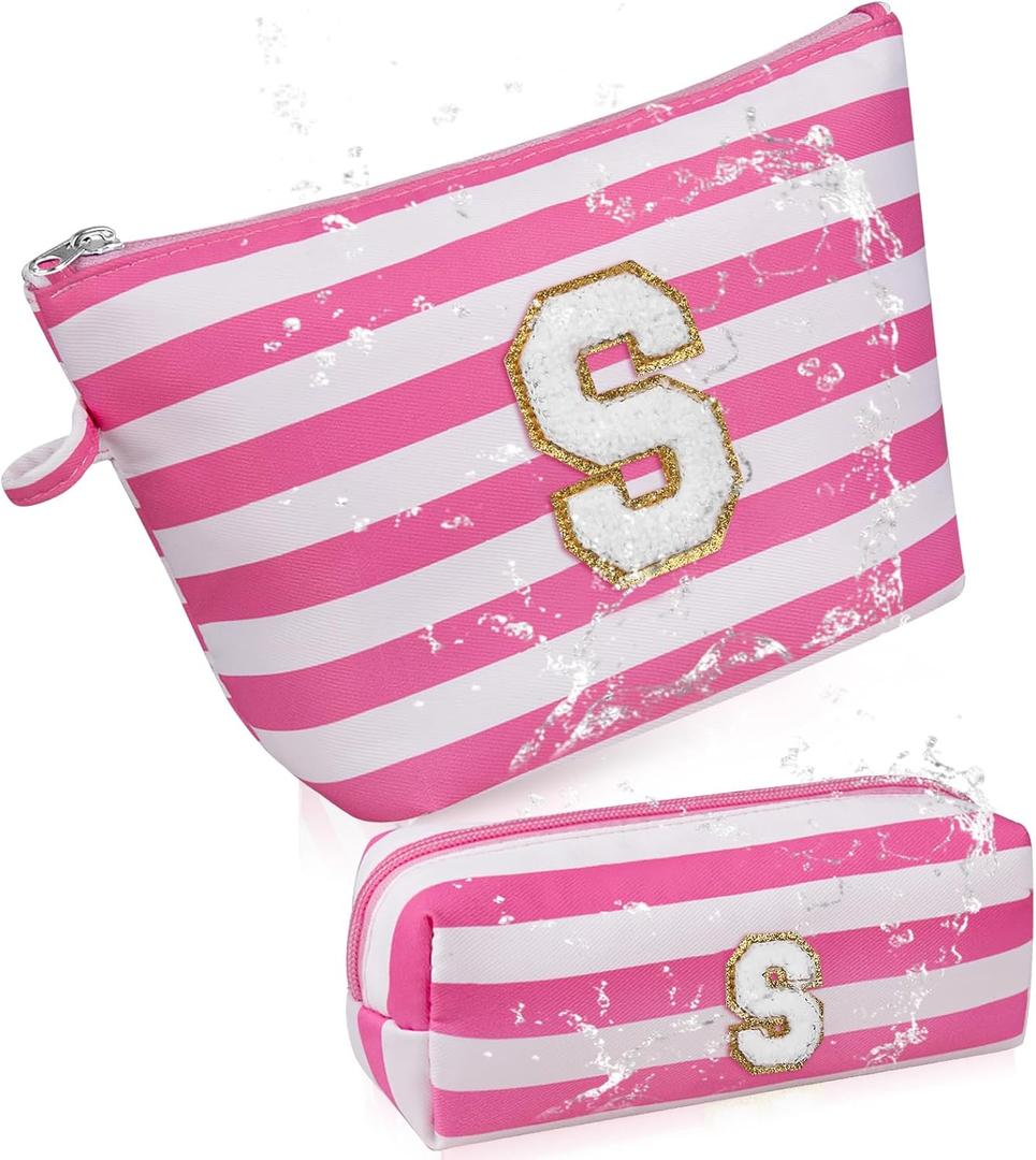 Gosect Initial Makeup Bag Personalized Stripe Cosmetic Bag Cute Waterproof Travel Toiletry Bag Birthday Gifts for 10 11 12 13 14 15 16 Years Old Teen Girl Gift Trendy Stuff (Pink S)