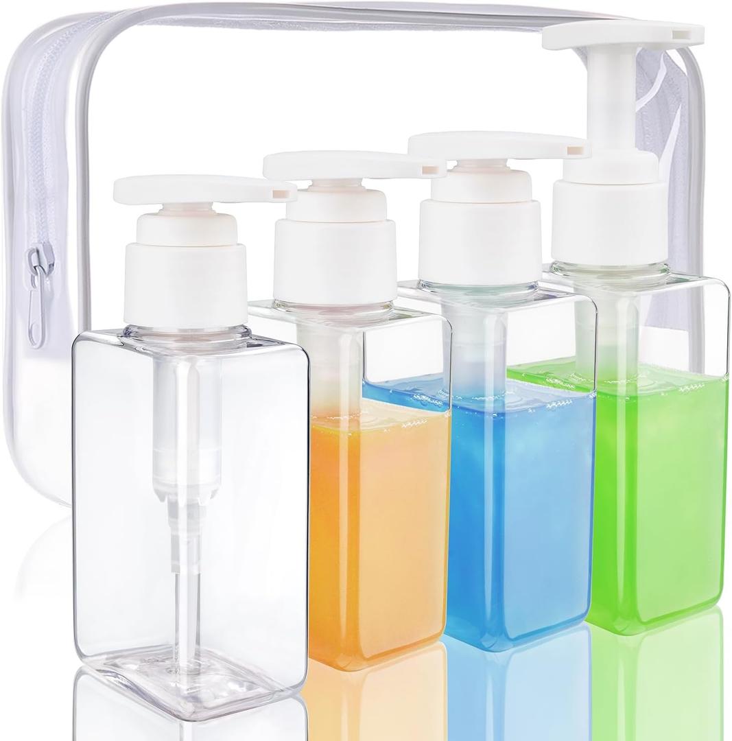 Travel Bottles - 4 Pack 3.7oz/110ml Empty Plastic Pump Bottles for Travel Size Toiletries (4 Clear)