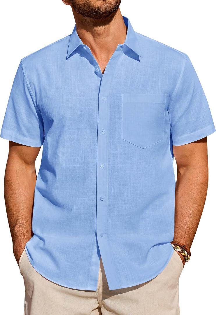 Alimens & Gentle Mens Short Sleeve Cotton Linen Texture Shirt Casual Untucked Button Down Lightweight Shirts Summer Beach (Blue, M)