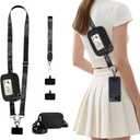 Clip and Go Strap for Phone with Wallet Crossbody, Phone Lanyard Detachable Zippered Pouch, RFID ID Window & Card Slots (Black)